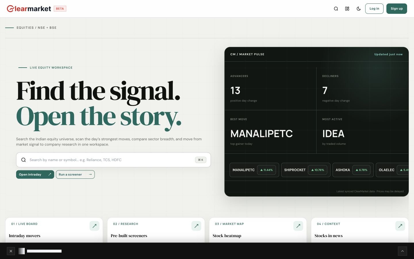 Actual ClearMarket equities workspace showing market pulse, search and research shortcuts