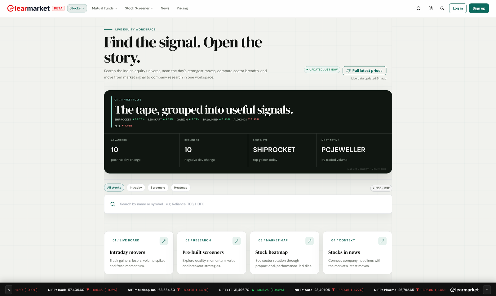 Actual ClearMarket All Stocks workspace showing the live market pulse, navigation, search and research shortcuts
