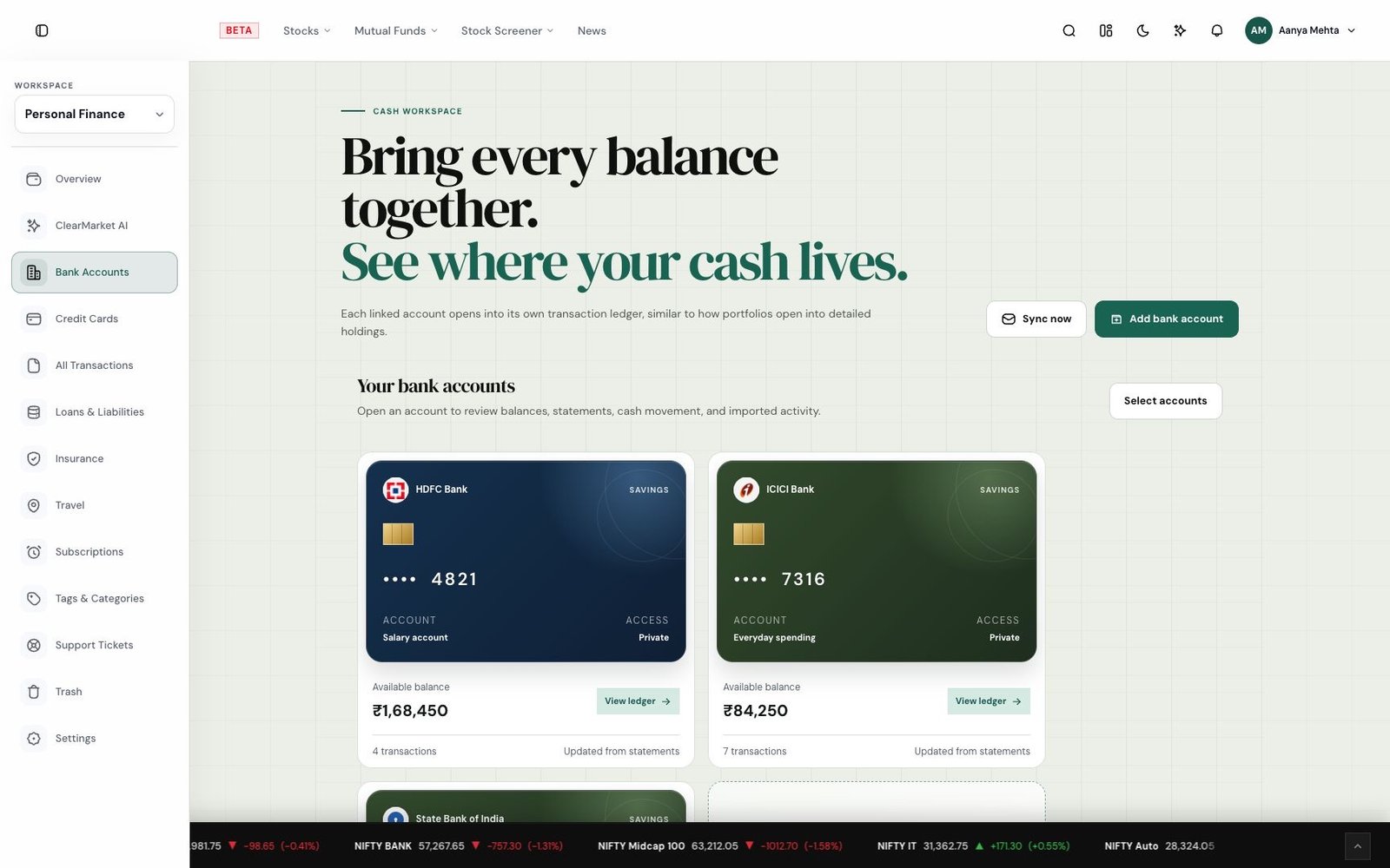 Actual ClearMarket bank accounts workspace showing three sample accounts and their available balances