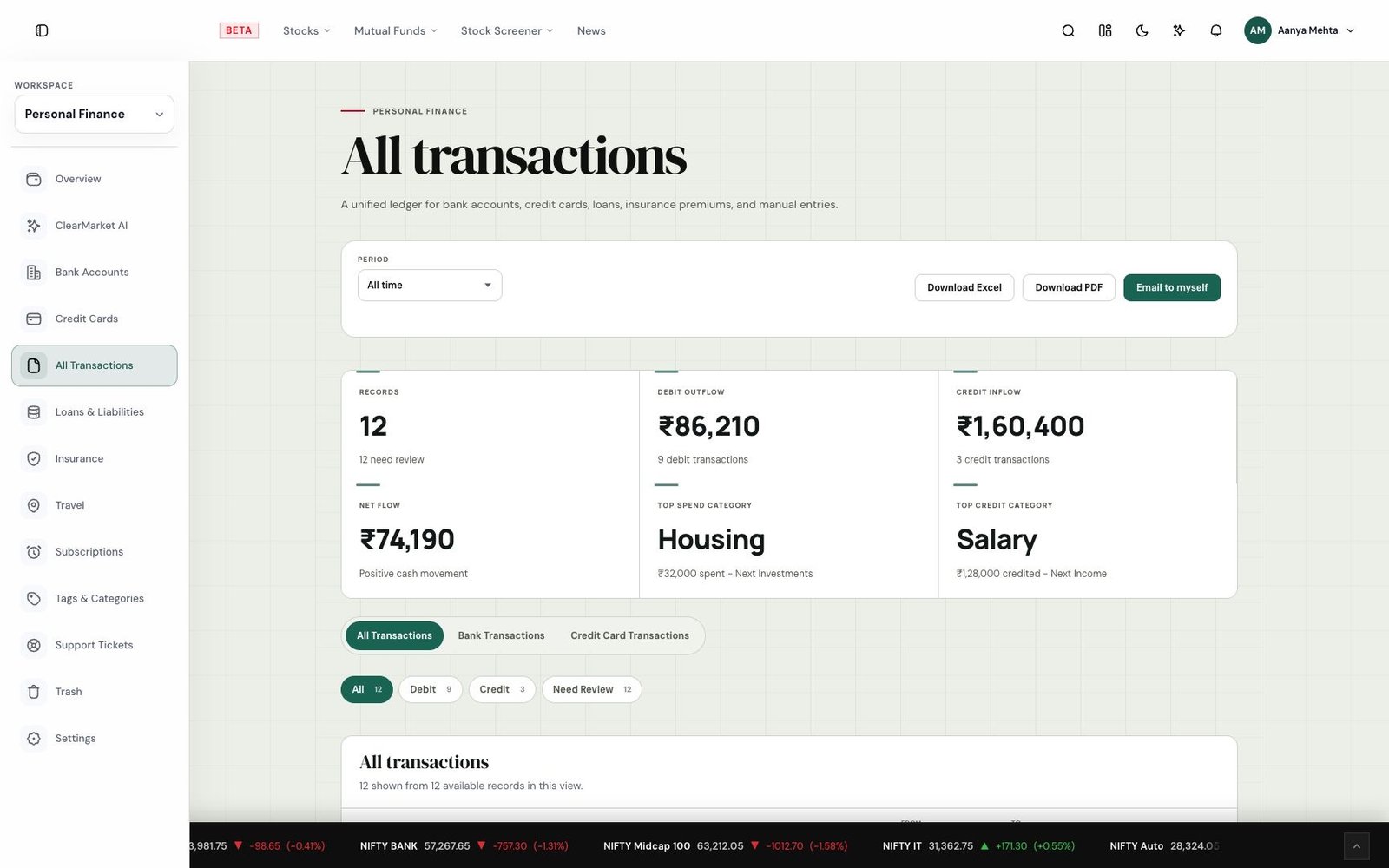 Actual ClearMarket transactions workspace showing cash-flow totals, filters, categories and review controls