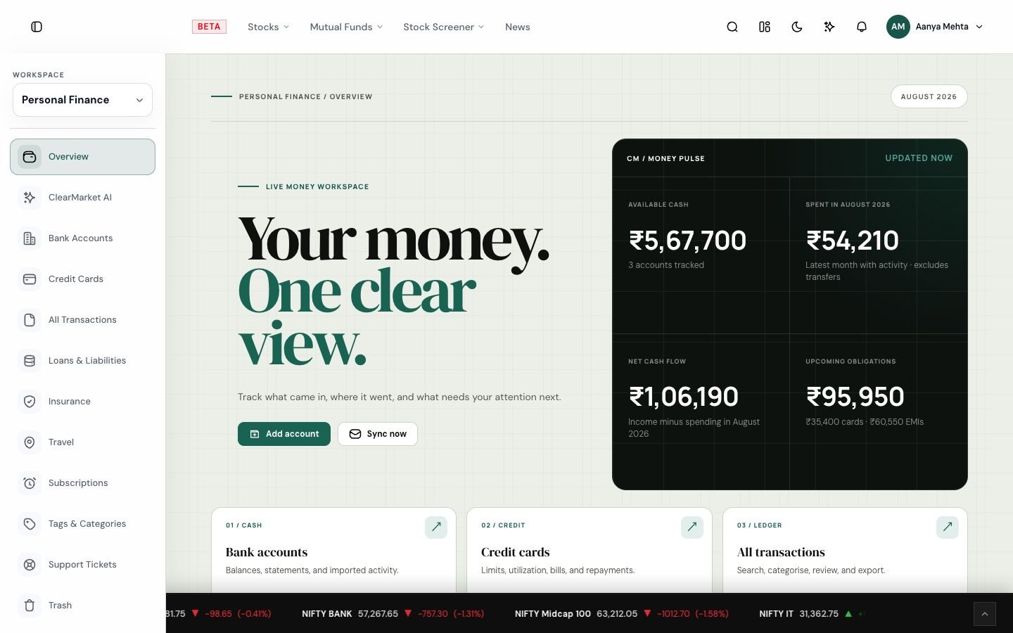 Actual ClearMarket personal finance workspace showing cash, spending, cash flow and upcoming obligations