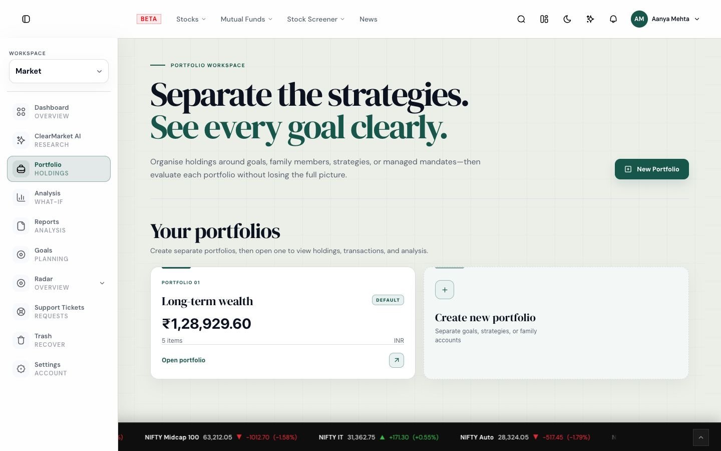Actual ClearMarket portfolio workspace showing a separate goal-based portfolio and its current value